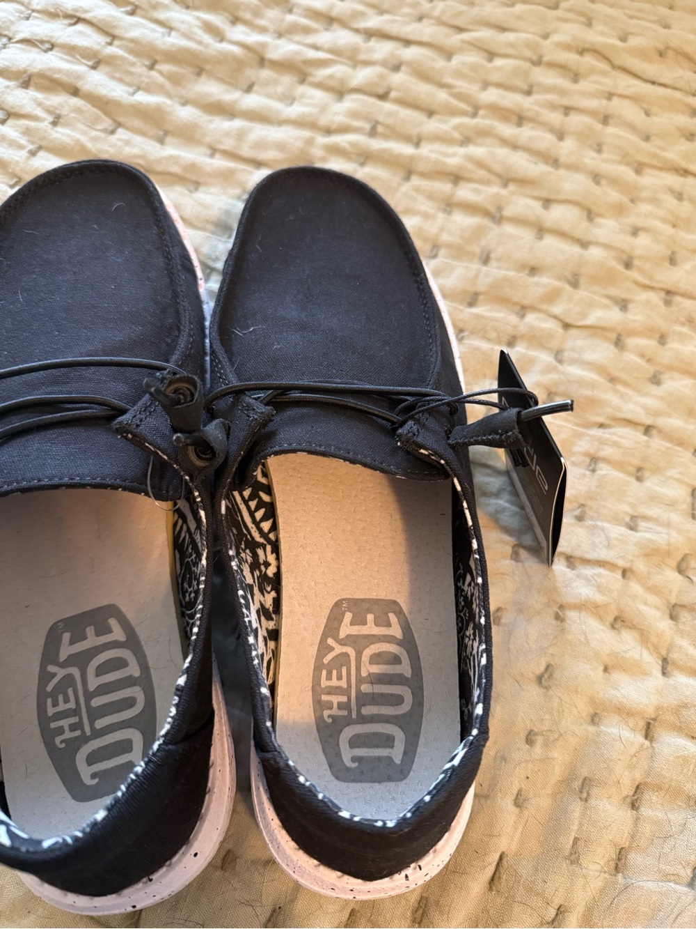 Hey Dude Black Canvas Slip-On Shoes with Speckled White Sole